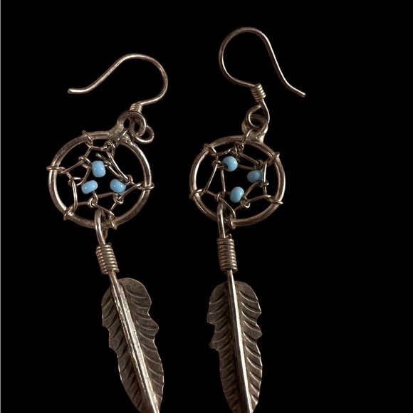 VTG 925 Sterling Silver Faux Turquoise Dream Catcher Feather Dangle Drop Earring - Picture 5 of 6